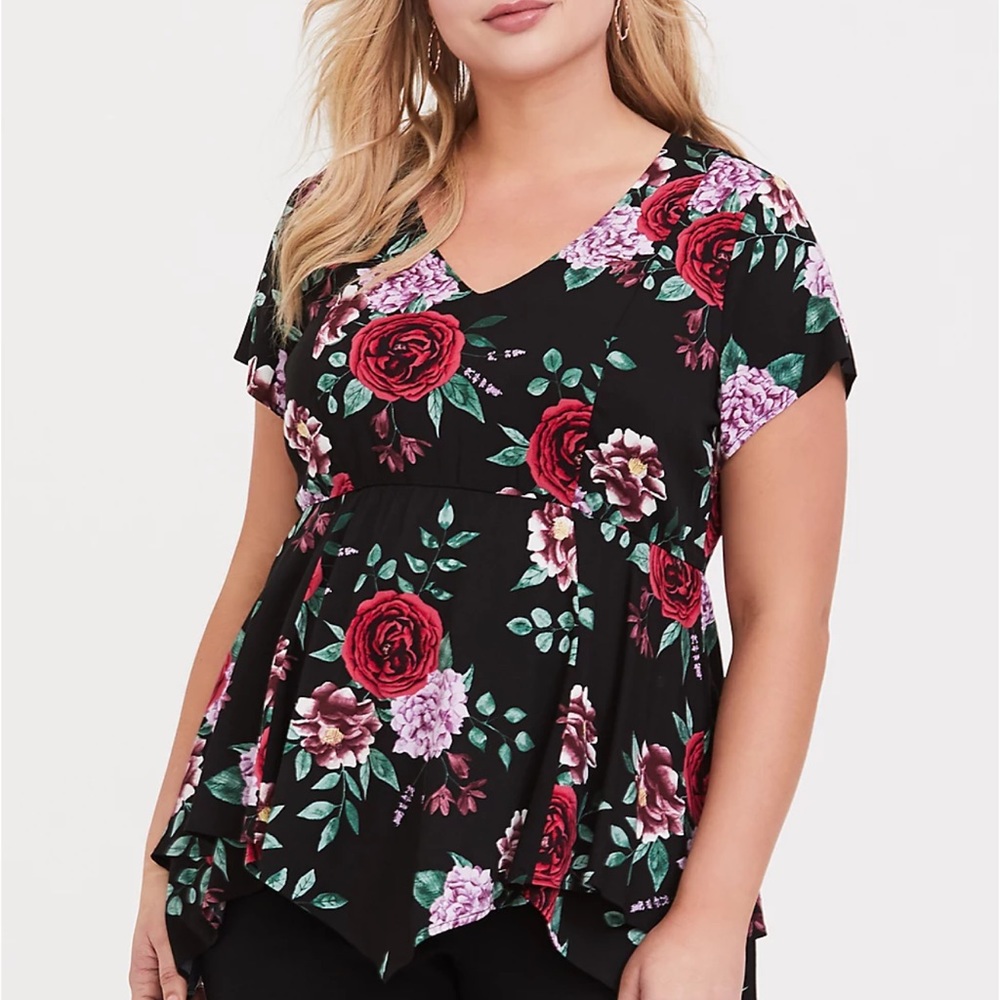 Torrid Black Floral Challis Handkerchief hem Blouse - Picture 1 of 5